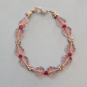 Pink and Red Beaded Bracelet Handcrafted 8 Inches